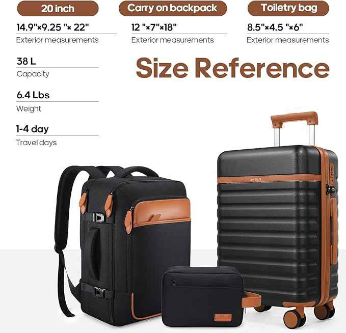 UKEIN Luggage Sets 3 Piece, Carry On Luggage 20In With Spinner Wheels,PC Hardside Suitcase Set with TSA Lock,Durable Carry On Suitcase With Travel Backpack for Men (Black, 3 piece set (20inch))