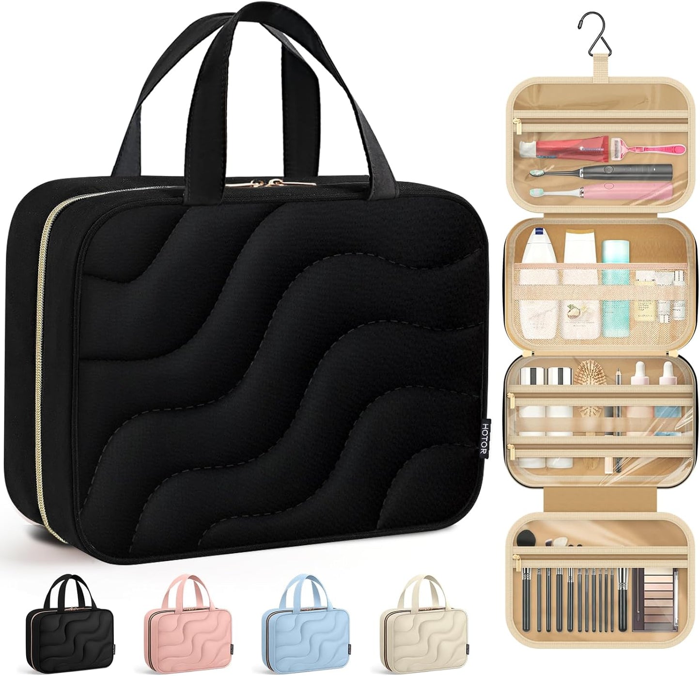 HOTOR Hanging Toiletry Bag - Spacious Travel Toiletry Bag for Women & Men, Multi-Pocket Makeup Organizer, Travel & Cruise Essentials for Business Trip, Gym, Black, 11.0" x 8.7" x 3.9"