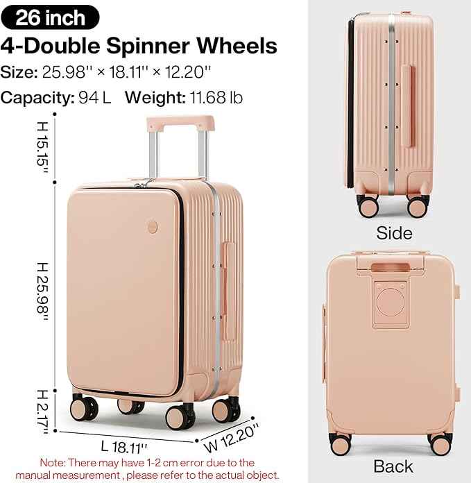 mixi Large Checked Luggage with Cup Phone Holder and Charger Hard Shell Suitcases with Spinner Wheels, 26 Inch Light Pink