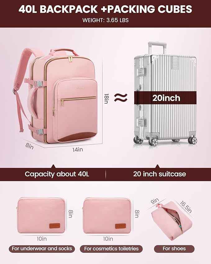 LOVEVOOK Travel Backpack for Women & Men 40L,Airline Approved Carry On Backpack Travel Essentials,TSA Carry on Luggage,Waterproof Personal Item Travel Bag,Suitcase with 3 Packing Cubes,Pink-Brown