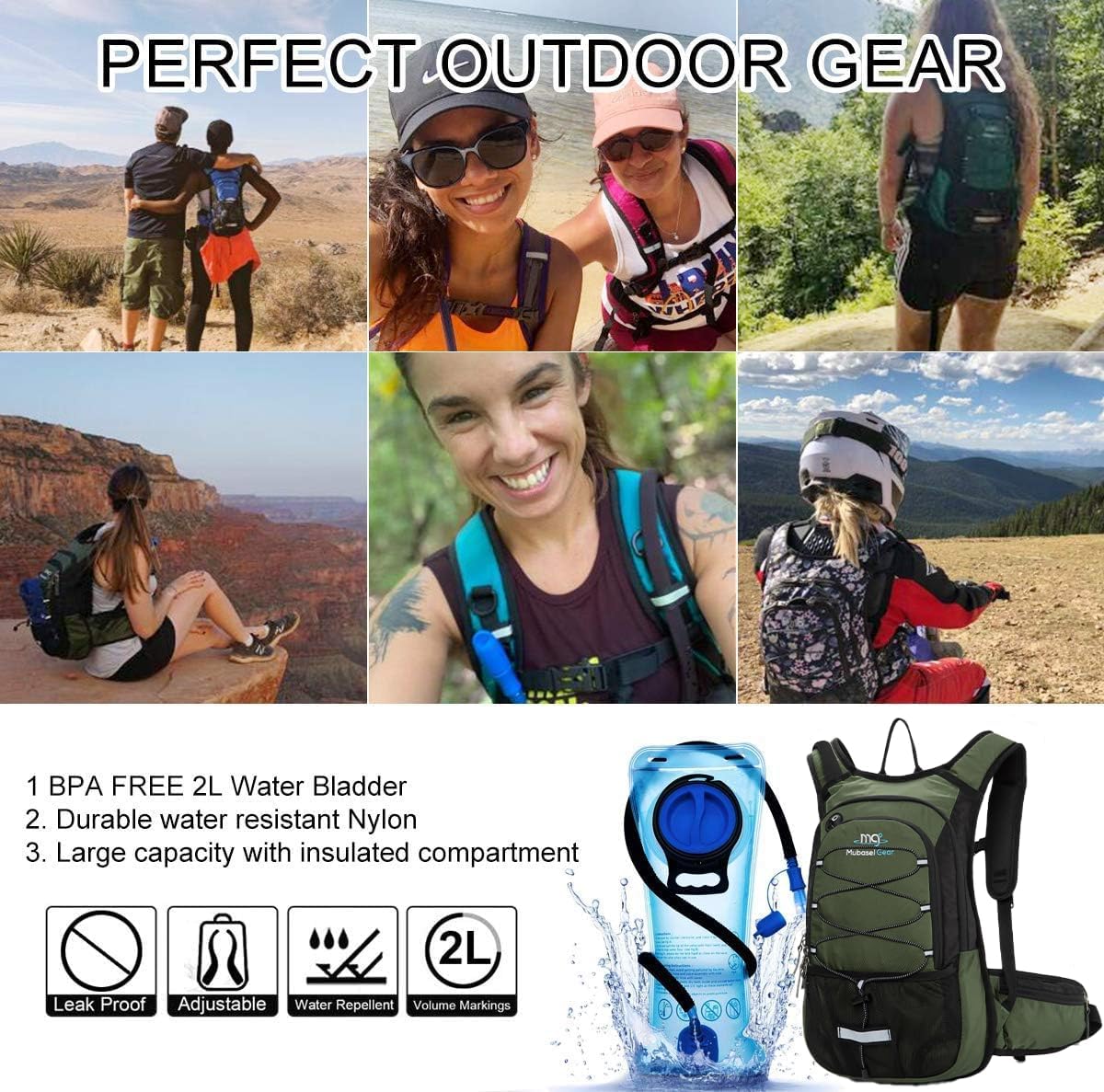 15L Insulated Hydration Backpack Pack with 2L Water Bladder Lightweight Hiking Backpack Bag for Women Men Daypack for Hiking Running Festival Camping Biking - Roamly