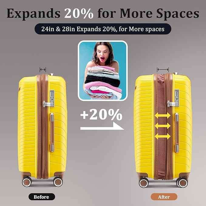 4 Piece Expandable Hardshell Pink Luggage Sets with Spinner Wheels, Lightweight Travel Suitcase Set with TSA Locks, 20 inch Carry On for Women (Yellow, 4 Piece Set)