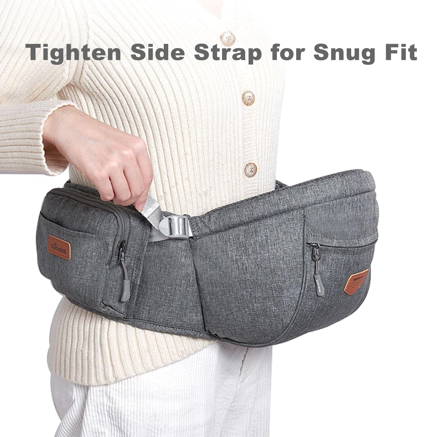 Sunveno Hip Baby Carrier with Seat,Ergonomic Baby Hip Carrier, Front-Facing Baby Holder, Anti-Slip Seat Surface, Wide and Adjustable Waistband, Multiple Pockets, Newborn to Toddler up to 45lbs, Grey