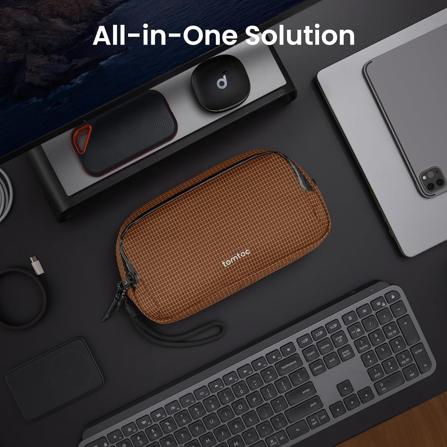 tomtoc Electronic Organizer Travel Case Performance, Water Resistant Dual Compartment Cable Organization Storage Bag for Charger, Cord, Phone, Hard Drive, Power Bank, Accessories Travel Essentials - Roamly