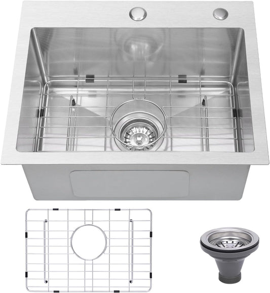 Drop In Kitchen Sink 20x16", 9" Basin Depth, 18 Gauge Stainless Steel Sink, 3D Embossed Surface Finish Top Mount with Accessories