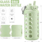 MUKOKO 64oz Glass Water Bottles with Straw and Lid,Half Gallon Water Bottle with Time Marker,Large Glass Water Jug with Silicone Sleeve and Stainless Steel Handle-Green