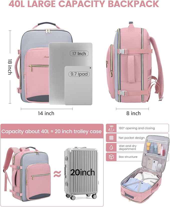 LOVEVOOK 40L Travel Backpack for Women & Men, Airline Approved Carry On Luggage with 3 Packing Cubes, TSA Overnight Bags, Waterproof Personal Item Bag, Weekender Essentials Backpacks fits 17" Laptop