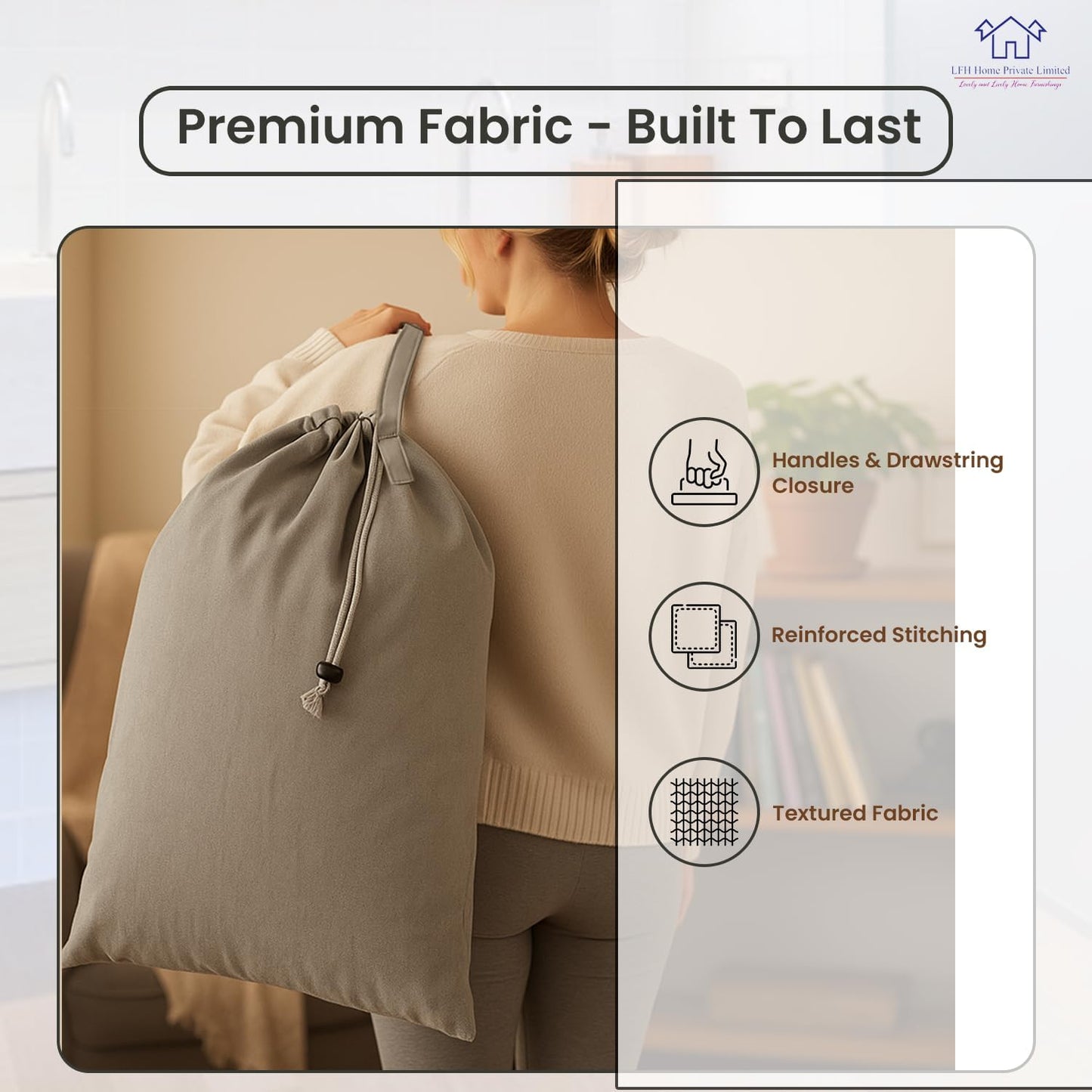 LFH Home Cotton Canvas Large Laundry Bag with Handle, Heavy Duty Drawstring Closure Washable Laundry Bags, School Travel, Home, Hotel, College Dorm, Organizer Sack, Toys Clothes 28x36 (Pack of 4)-Grey