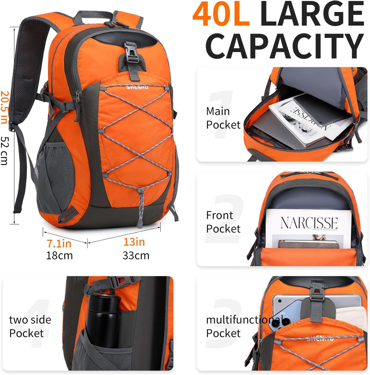 40L Hiking Backpack Lightweight Daypack Waterproof Travel Camping Backpack for Men Women Sport Packable - Roamly