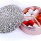 Small Pill Case 3 Compartments, Metal Round Portable Pill Box, Waterproof Travel Pill Organizer, Pocket Purse Medicine Vitamin Holder EDC Container (Rose Gold with Rhinestone)