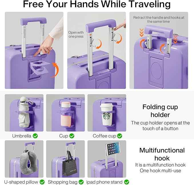mixi Carry On Luggage with Cup Phone Holder and Charger Hard Shell Suitcases with Spinner Wheels,20 Inch Lilac Purple