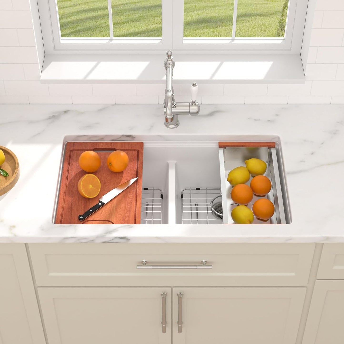 Dcolora 33 Inch Granite Compoisite Kitchen Sink White Undermount Kitchen Sink 50/50 Double Bowl Workstation Elegant Under Counter basin 33"×19“×10”，#DC-GX3327