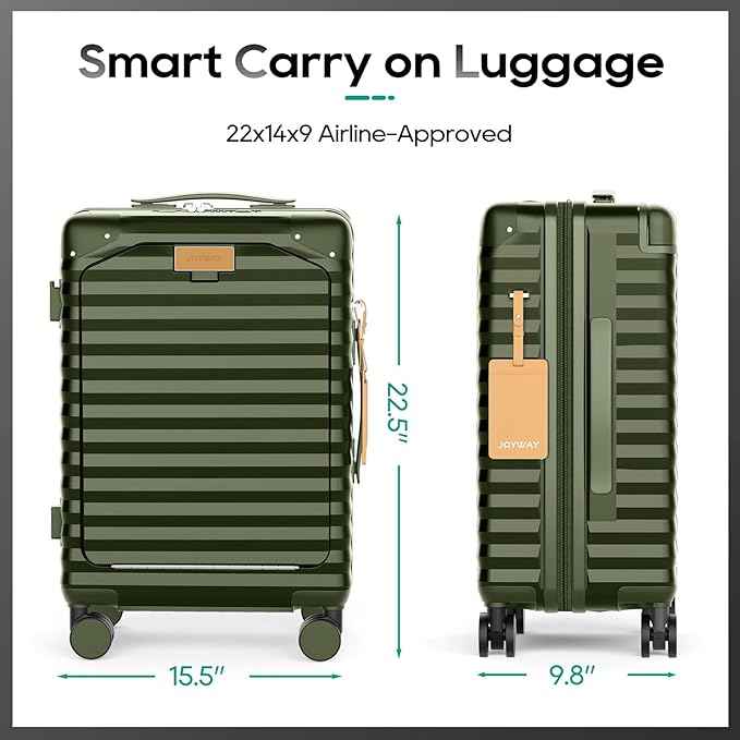 Joyway 20 Inch Carry on Luggage with Front Pocket, PC Hardshell Carry-on Suitcase with USB Port and Cup Holder, 21.5x14.2x9 Airline Approved, Luggage with Spinner Wheels and TSA Lock(Dark Green)