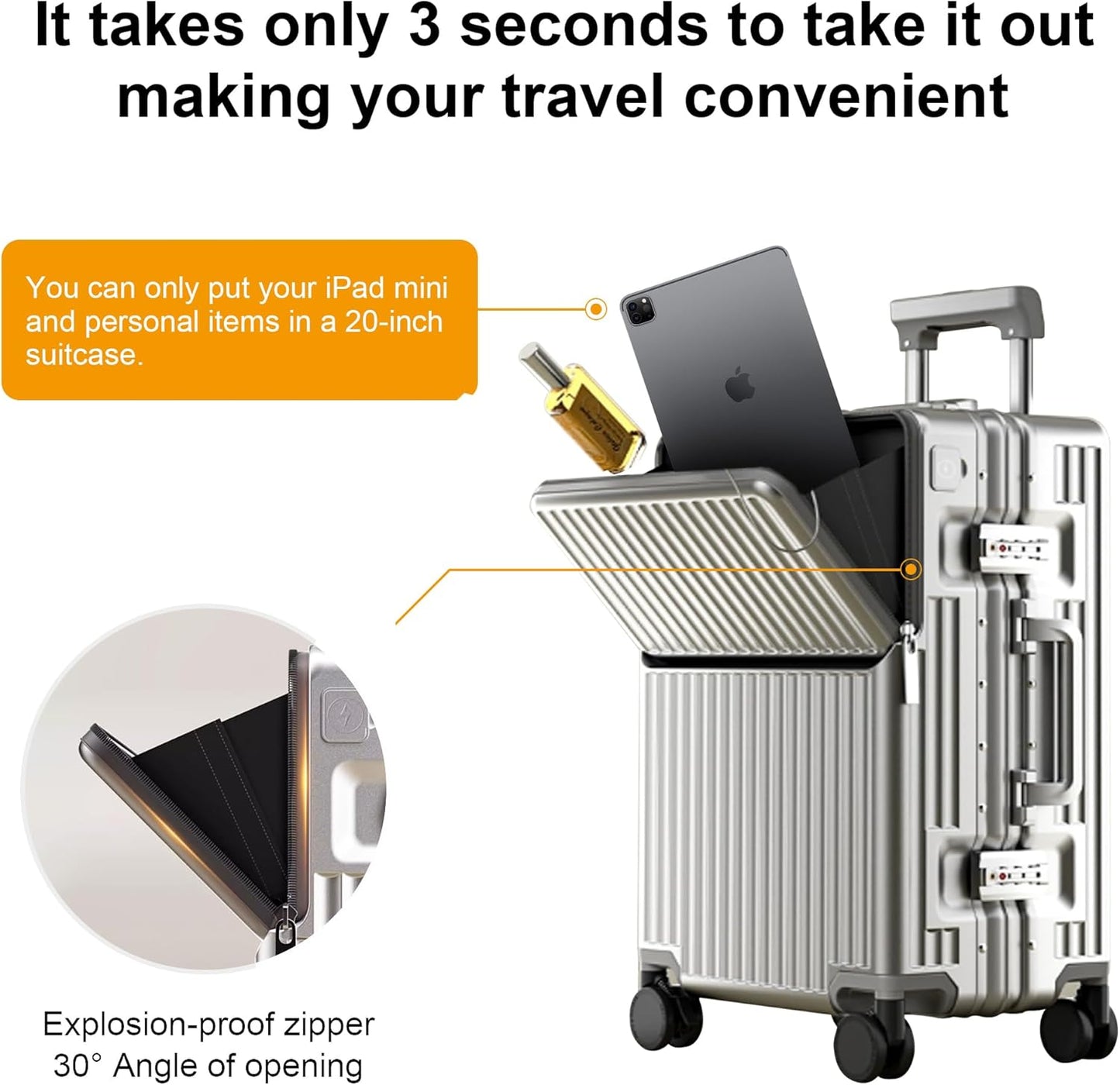Zipperless Luggage, Polycarbonate Aluminum Hard Shell, Expandable Carry-On Suitcase with Spinner Wheels, Hard Shell Suitcase, 24 Inch Cabin - Roamly