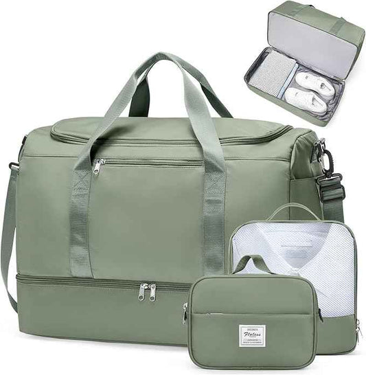 Large Travel Duffle Bag,Carry on Overnight Weekend Bag with Shoes Compartment,Weekender Bags for Women for Travel Business Trips Sport Hospital,3 Pcs Set,Olive Green