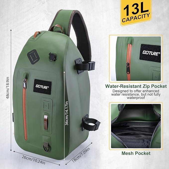 Goture Waterproof Fly Fishing Sling Pack, IPX8 840D TPU Fishing Sling Bag, 13L Tackle Backpack with Rod Holder,Airtight Zipper,Exhaust Valve,Adjustable Strap for Kayaking,Wadering,Hiking