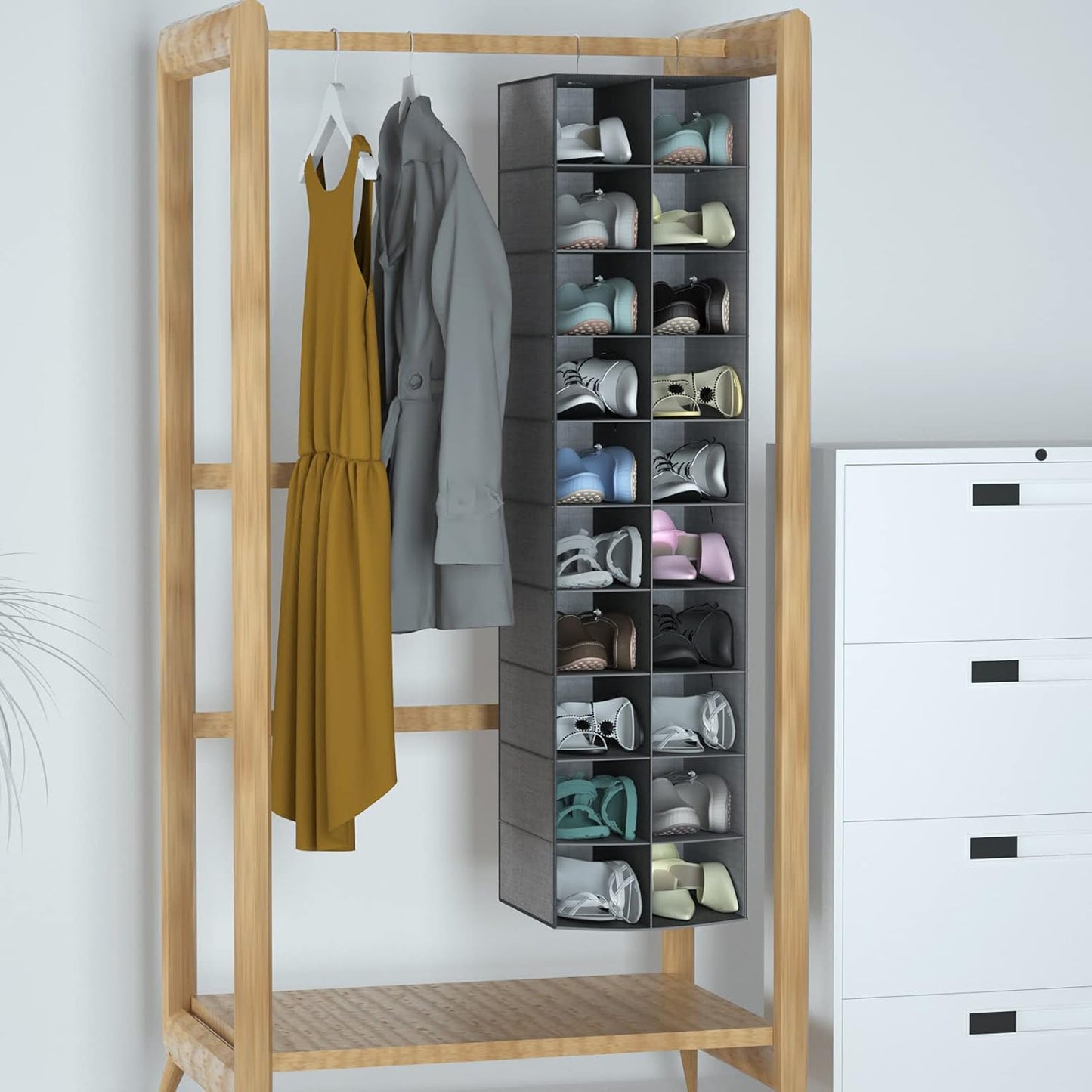 coastal rose Hanging Shoe Organizer for Closet, 20 Sections Hanging Closet Organizer and Storage Shelves, Space Saving Shoe Rack for Closet, Grey, 12''W×12''Dx 50''H