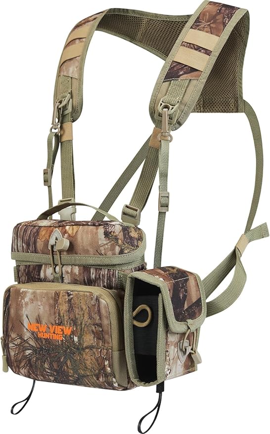 NEW VIEW Bino Packs for Hunting - Binocular Straps Harness Chest Pack with Detachable Rangefinder Pouch, Adjustable Camo Binos Harness & Rain Cover - Ideal for Bow Hunter- Large