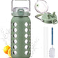 MUKOKO 64oz Glass Water Bottles with Straw and Lid,Half Gallon Water Bottle with Time Marker,Large Glass Water Jug with Silicone Sleeve and Stainless Steel Handle-Olive