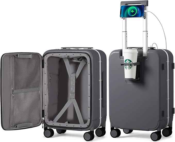 mixi Carry On Luggage with Cup Phone Holder and Charger Hard Shell Suitcases with Spinner Wheels,20 Inch Rock Gray