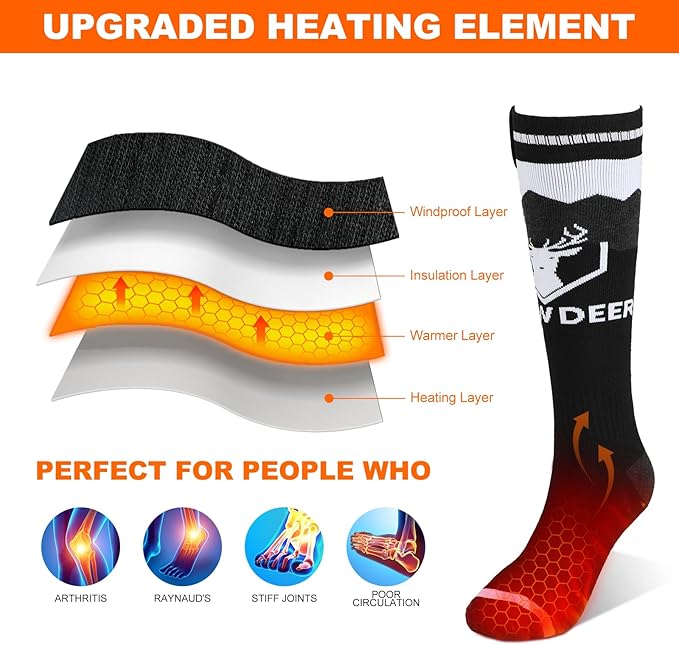 SNOW DEER Upgraded Rechargeable Electric Heated Socks，Ultimate Foot Warmer for Men & Women, Perfect for Skiing, Camping, Hiking, Motorcycling, &Outdoor Riding in Winter (S)