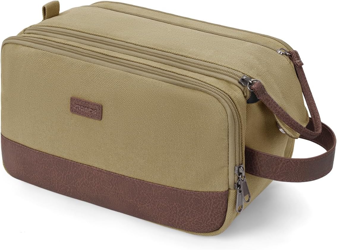 WANDF Toiletry Bag for Men Travel Toiletry Organizer Canvas and Leather Dopp Kit Water-Resistant Shaving Bag for Travel Accessories (Classic Khaki, Large) - Roamly