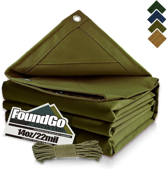 FoundGo Canvas Tarp 4x4ft Heavy Duty Waterresistant Tarps with Grommets, UV Resistant, 22 Mil Tarpaulin,14 oz Durable Cloth Covers for Car, Roof, Boat, Camp, Canopy, Woodpile with Ropes-Moss