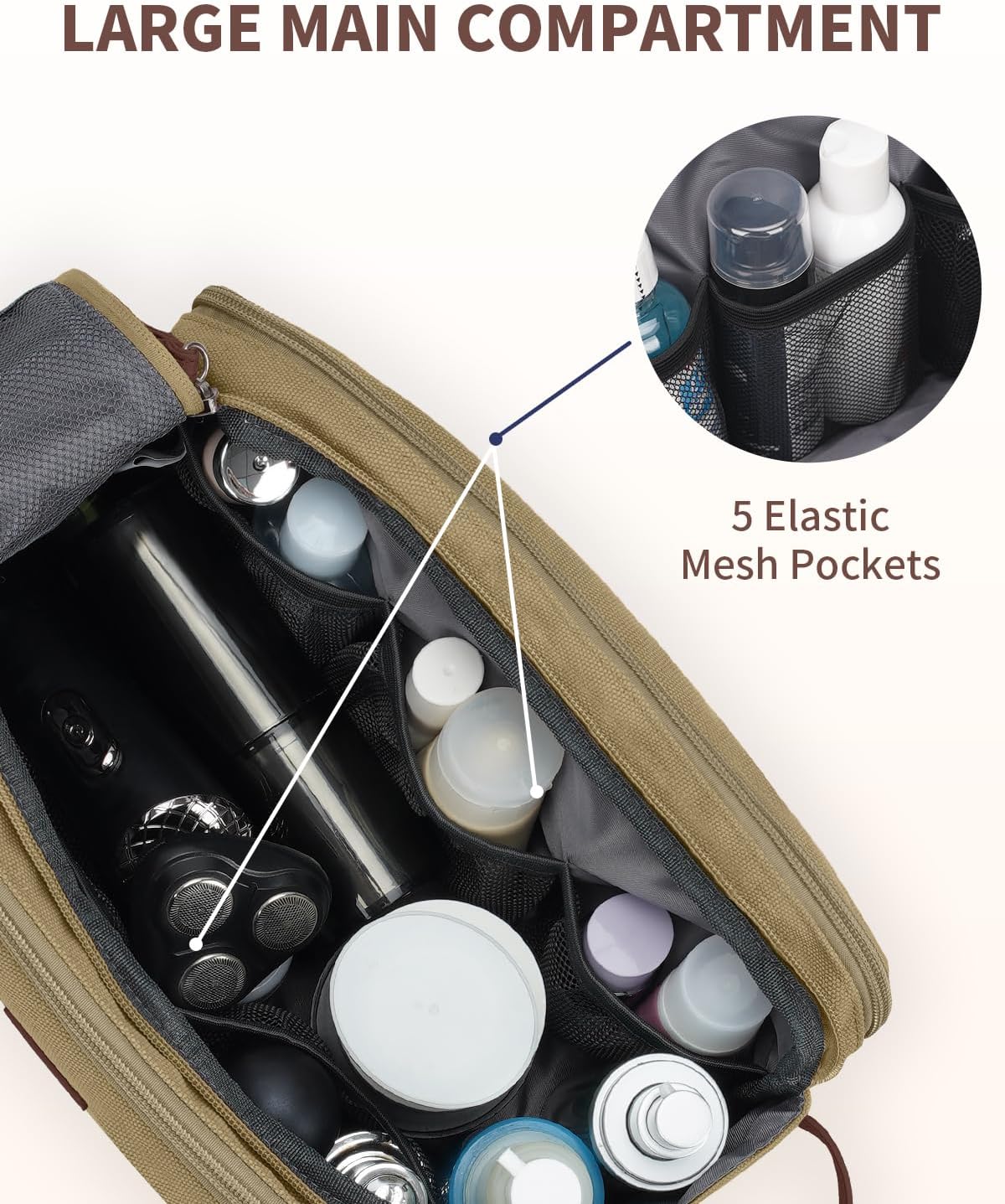 WANDF Toiletry Bag for Men Travel Toiletry Organizer Canvas and Leather Dopp Kit Water-Resistant Shaving Bag for Travel Accessories (Classic Khaki, Large) - Roamly