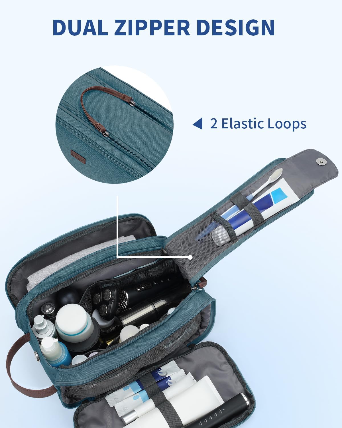 WANDF Toiletry Bag for Men Travel Toiletry Organizer Canvas and Leather Dopp Kit Water-Resistant Shaving Bag for Travel Accessories (Blue-Green, Large) - Roamly