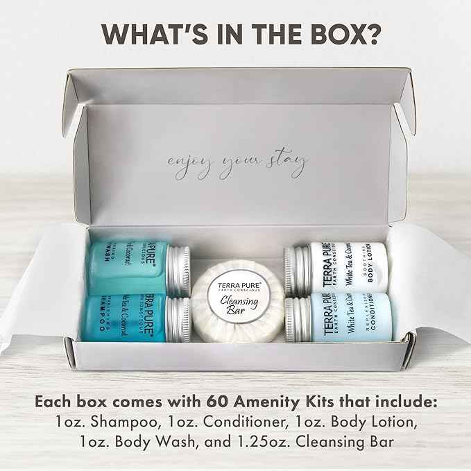 Terra Pure White Tea & Coconut Amenity Kit | Hotel Bulk Toiletries | 1 oz Shampoo, Conditioner, Lotion, Body Wash, Cleansing Bar for Guest Hospitality Vacation Rentals | 60 Sets/Case