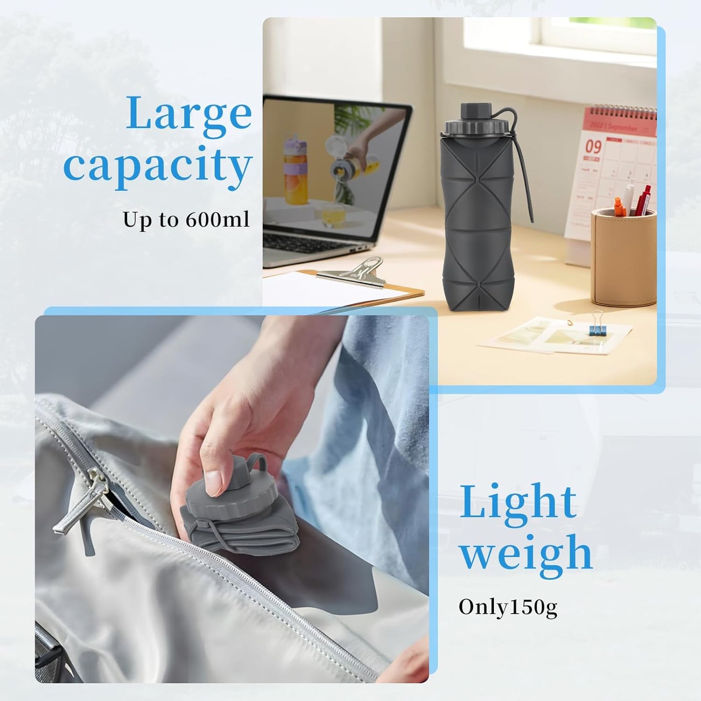 YCT Collapsible Silicone Travel Water Bottle 20oz (600ml), Reuseable Leakproof BPA Free Foldable Sports Bottle, with Carrying Strap, Dark Gray + Blue
