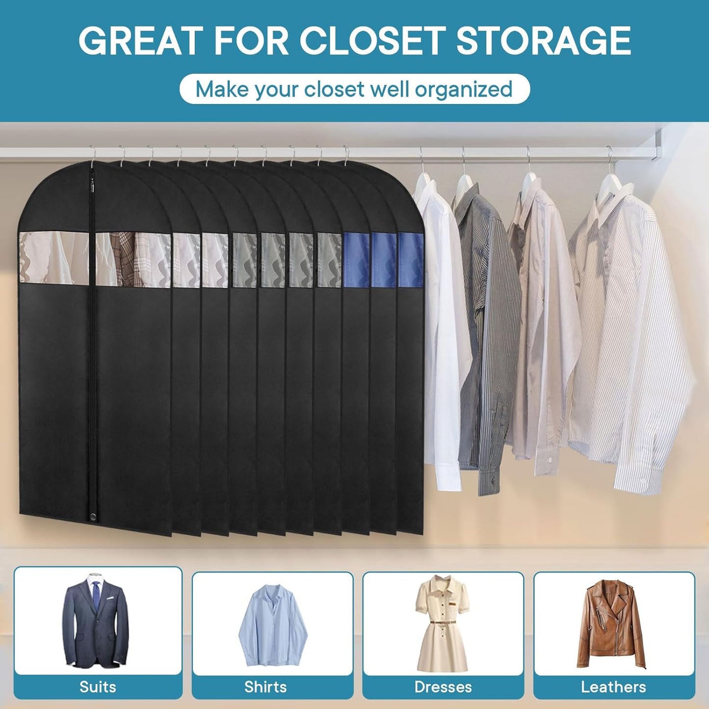 10 Pack - Moucas 43" Black Garment Bag, Mens Suit Bags for Closet Storage and Travel, Garment Bags for Hanging Clothes, Suit Cover Bags with Zipper for Coats, Jackets, Shirts