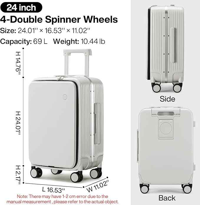 mixi Checked Luggage with Cup Phone Holder and Charger Hard Shell Suitcases with Spinner Wheels, 24 Inch Smoke White