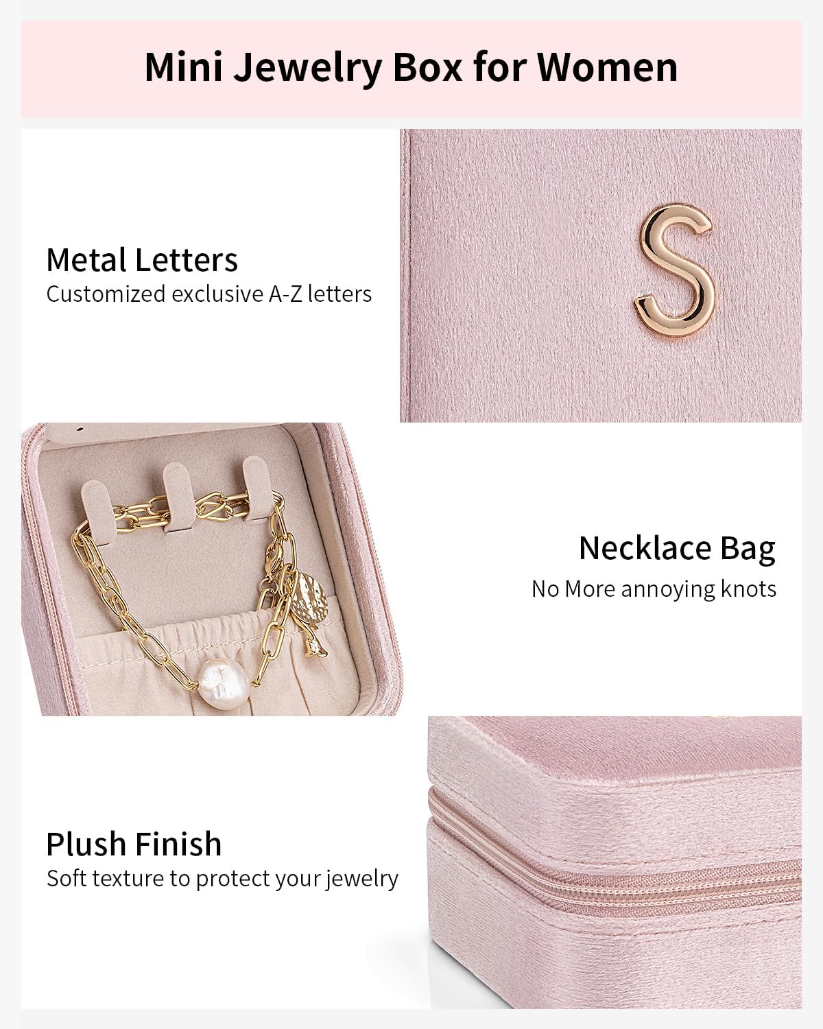 Vlando Wedding Gifts for Women, Jewelry Box, Bridal Shower Gifts, Bridesmaid Gifts for Wedding Day Bride Gifts, Personalized Jewelry Case - Letter D, Pink