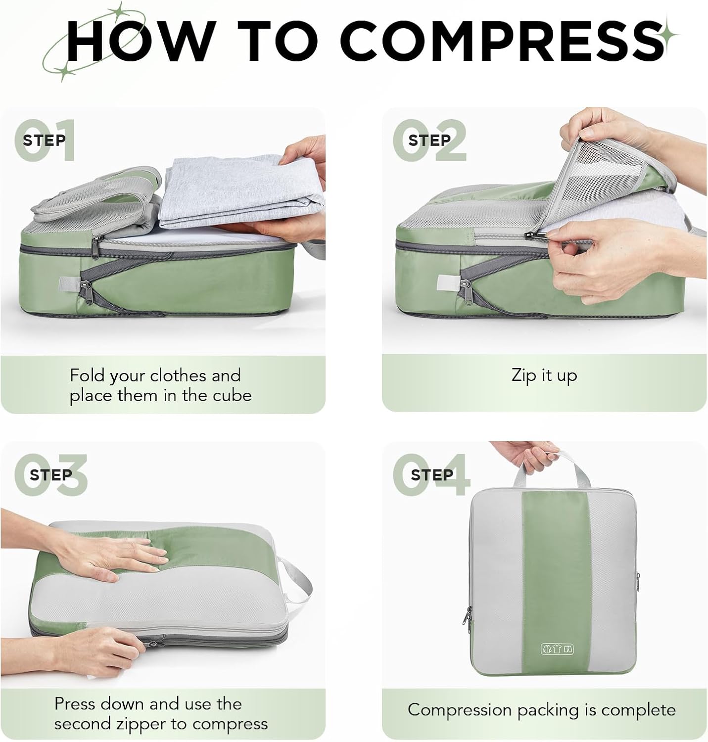 10 Set Compression Packing Cubes for Travel Essentials,Compressible Expandable Packing Cubes for Suitcase,OlarHike Luggage Organizer Bags for Travel,Handy Helper for Organizing Clothes(Matcha Green) - Roamly