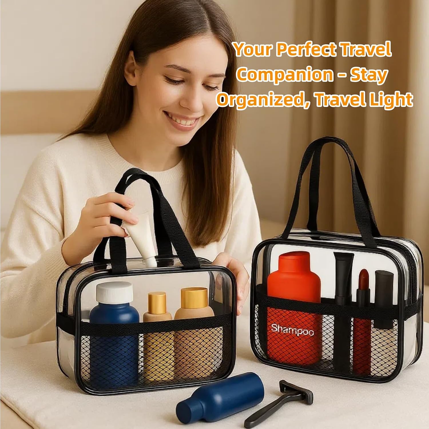 XEWEA 2PCS Small TSA Approved Clear Travel Toiletry Bags for Men Women,Transparent Makeup Cosmetic Bag with Handle,Waterproof PVC Quart Organizer Storage Pouch for Toiletries Airline Essential, Balck - Roamly