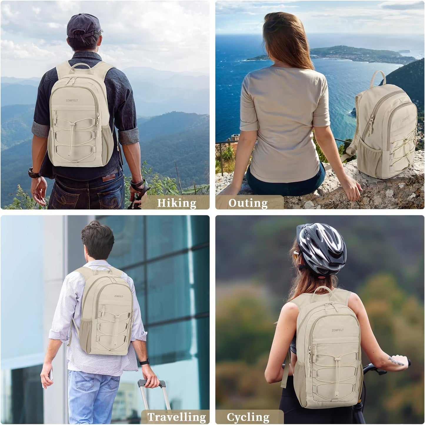 ZOMFELT Hiking Backpack for Women Men, 25L Lightweight Packable Backpacks for Trip, Water Resistant Small Travel Backpack, Foldable daypack for Hiking, Walking, Cycling, Camping, Beige - Roamly