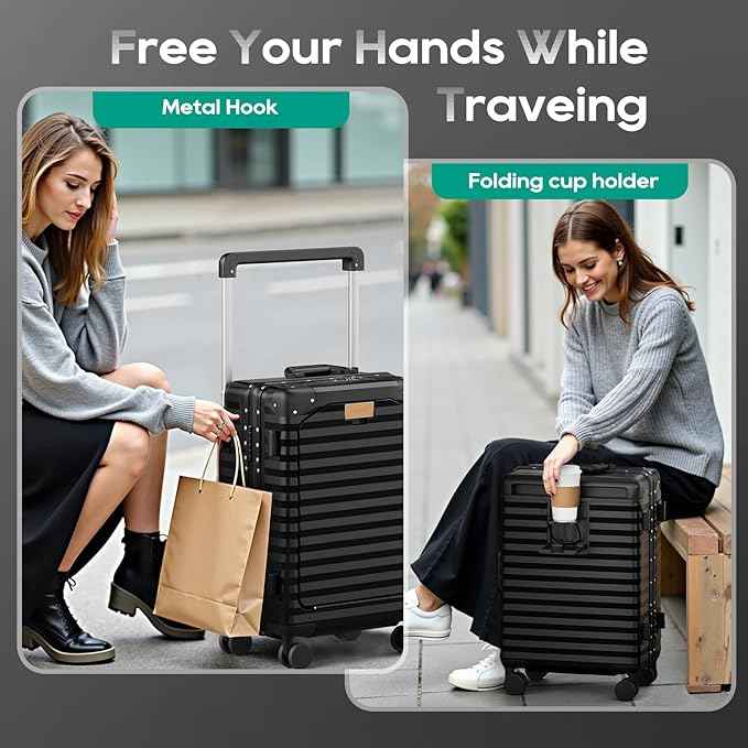 Joyway 20 Inch Carry on Luggage with Aluminium Frame and Front Pocket, PC Hardshell Suitcase with USB Port and Cup Holder, 21.5x14.2x9 Airline Approved, Luggage with Spinner Wheels and TSA Lock(Black)