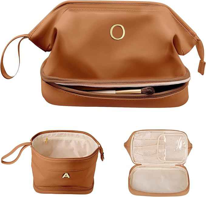 Tween Gifts, Personalized Makeup Bag, Monogrammed Gifts, Initial Double Layer Cosmetic Bag with Makeup Brush Organizer, Travel Toiletry Bag, Gifts for Friends Female Mom, Teen Girl Gifts