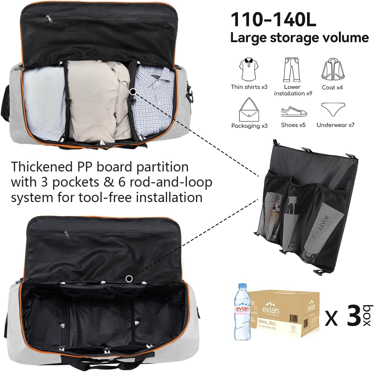 Vomgomfom Wheeled Collapsible Duffel Bag,110L-140L Expandable Checked Luggage, No-Telescopic-Handle with Anti-Burst Zipper & Reinforced Frame,Grey - Roamly