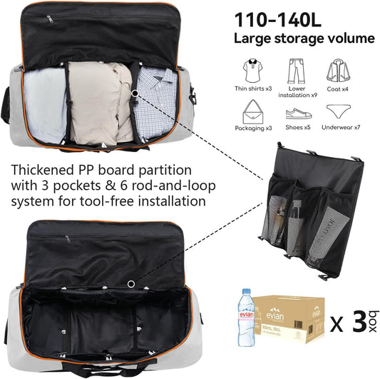 Vomgomfom Wheeled Collapsible Duffel Bag,110L-140L Expandable Checked Luggage, No-Telescopic-Handle with Anti-Burst Zipper & Reinforced Frame,Grey - Roamly