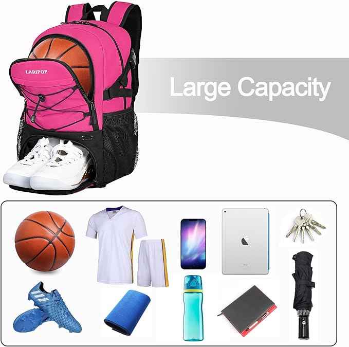 LARIPOP Basketball Bag, Sports Backpack with Ball Holder & Shoe Compartment, Water Resistant Gym Bag for Soccer Volleyball Travel