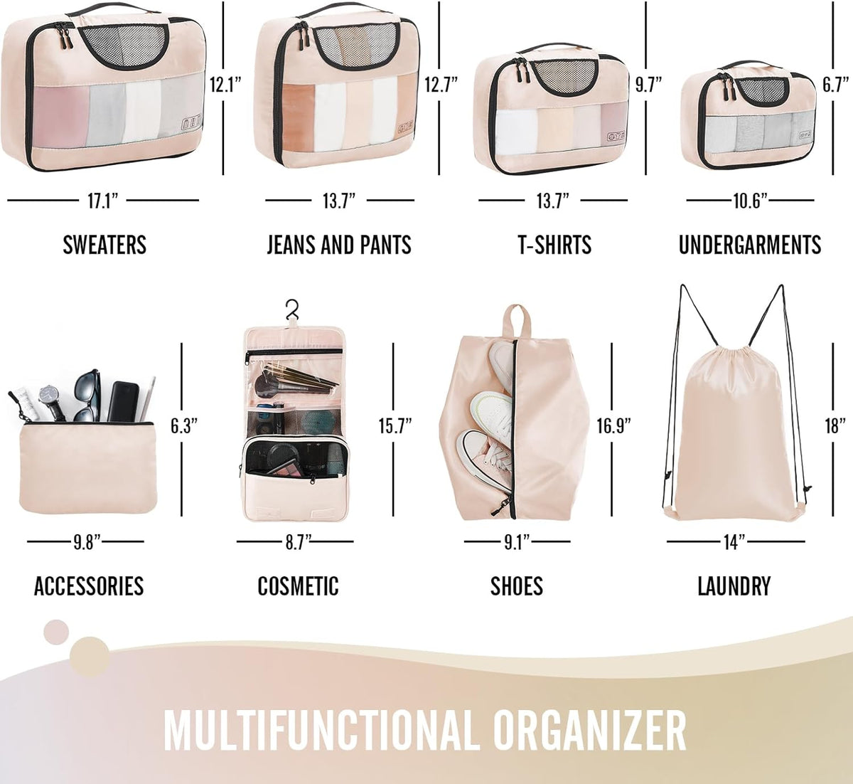 Veken 8 Set Packing Cubes, Travel Gifts for Women Mom, Carry on Suitcase Organizer Bags with Hanging Toiletry Bag and Large Laundry Bag, Travel Essentials Luggage Accessories for Cruise Ship - Roamly