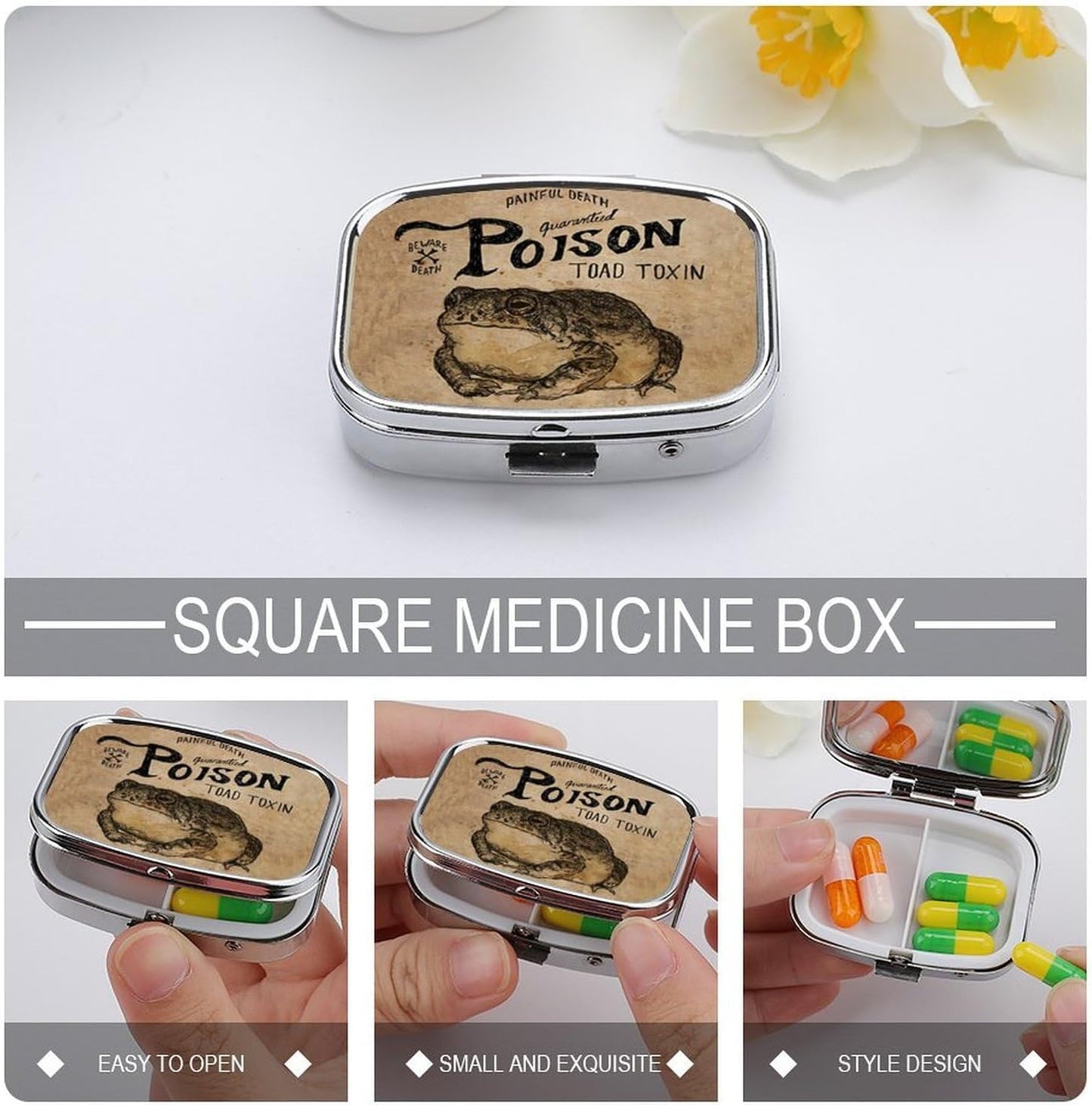 Metal 2 Compartment Pill Organizer Travel Friendly Portable Compact Pill Box Cute Pill Case to Hold Vitamins,Fish Oil,Supplements,Meds,Tablet for Purse,Pocket. (Poison Frog)