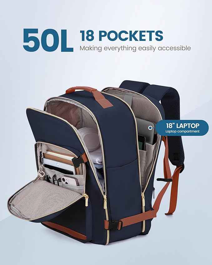 LOVEVOOK Travel Backpack for Women & Men 50L,Airline Approved Carry On Backpack Travel Essentials,TSA Carry on Luggage,Waterproof Personal Item Travel Bag,Suitcase with 3 Packing Cubes,Dark blue-Brown