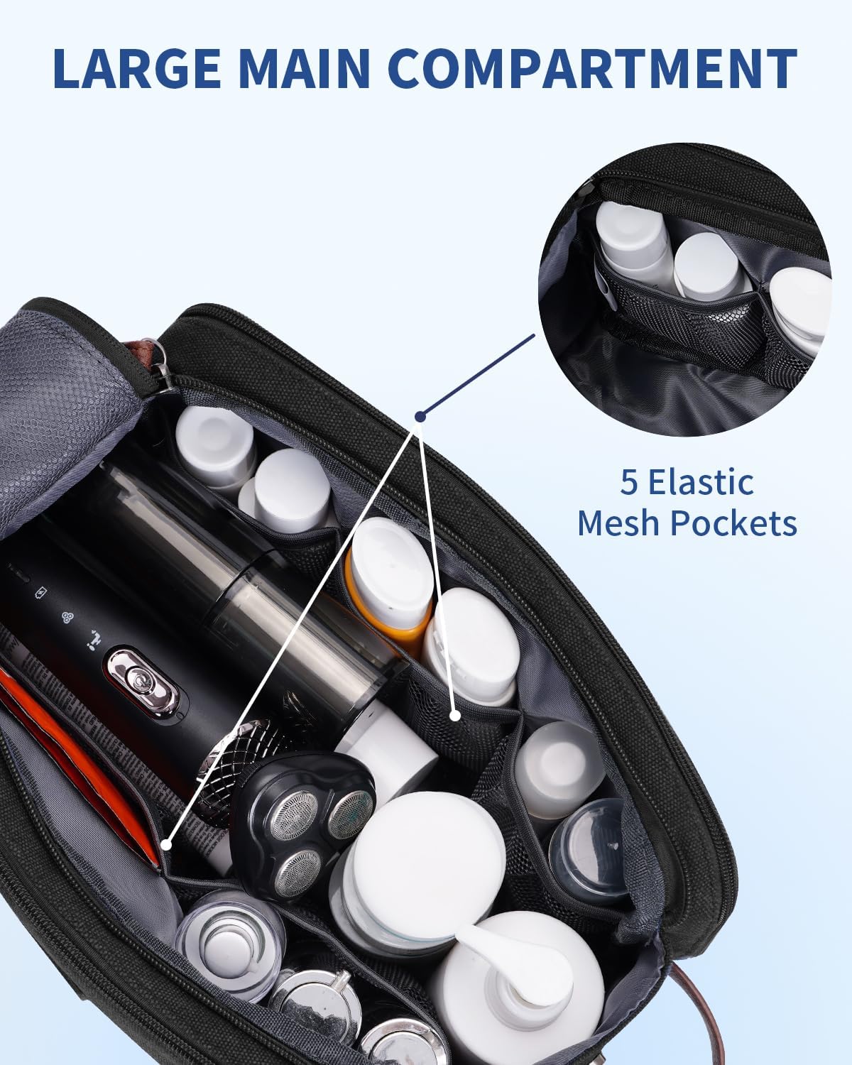 WANDF Toiletry Bag for Men Travel Toiletry Organizer Canvas and Leather Dopp Kit Water-Resistant Shaving Bag for Travel Accessories (Black, Large) - Roamly