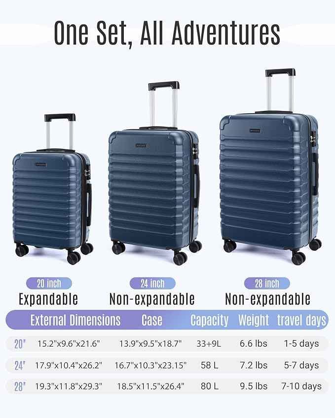 LIGHT FLIGHT Luggage Sets, 3 Piece Durable Suitcase Set with Spinner Wheels, 3 Pcs Hard Shell Lightweight Luggage with TSA Lock, Large Checked Travel Suitcases, 20/24/28 Inch,Teal Blue