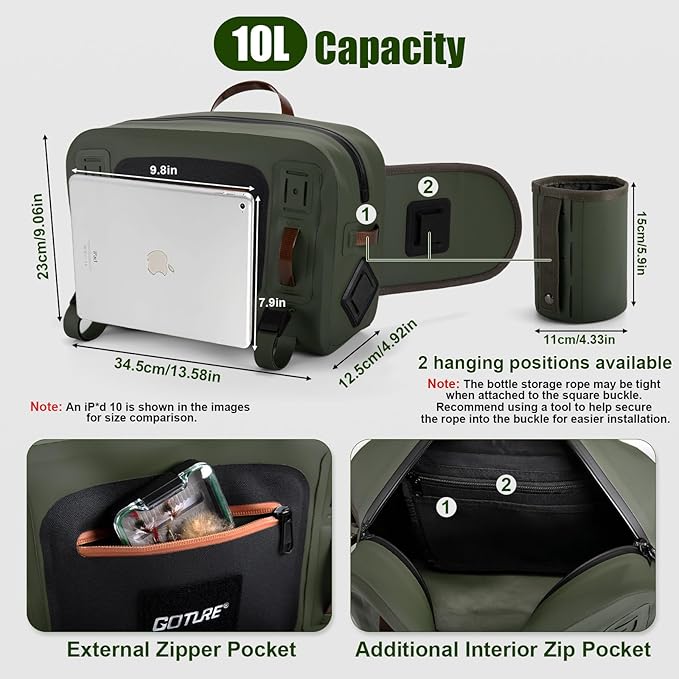 Goture Waterproof Fishing Waist Pack,IPX8 840D TPU Large Tackle Bag with Rod Holder,Airtight Zipper Closure,Detachable Water Bottle Holder, 10L Fly Fishing Bag with Adjustable Strap,Sling Fanny Pack