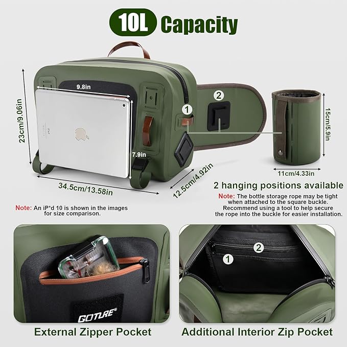 Goture Waterproof Fishing Waist Pack,IPX8 840D TPU Large Tackle Bag with Rod Holder,Airtight Zipper Closure,Detachable Water Bottle Holder, 10L Fly Fishing Bag with Adjustable Strap,Sling Fanny Pack