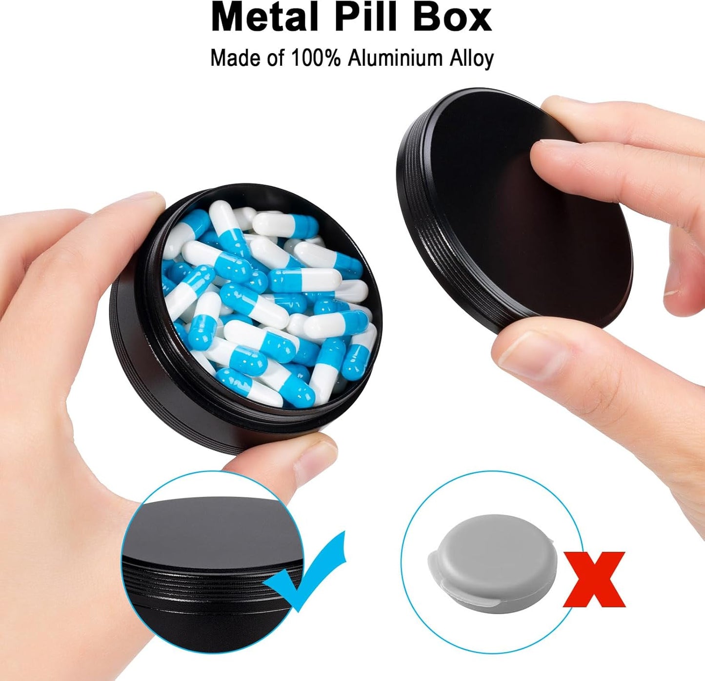 Portable Metal Pill Box - Travel Daily Pill Case, Waterproof Pill Container for Purse Pocket, Compact Medicine Organizer Holder for Medicines, Vitamins, Fish Oils
